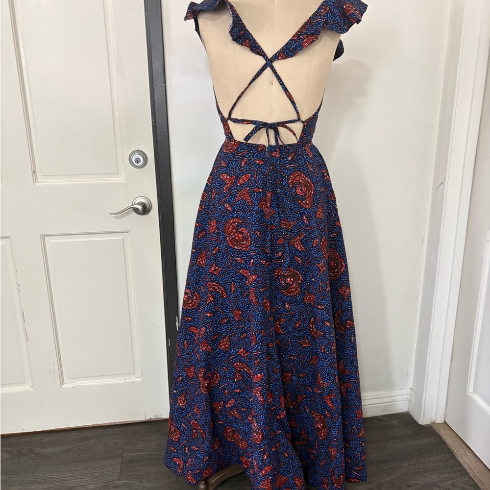 African Halter Blue Print Floral and Red Maxi Dress - Picture 8 of 9